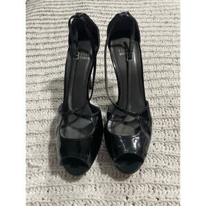 Stuart Weitzman Cross Strap Peep Toe Heels Stiletto 9.5 M Black Patent Leather